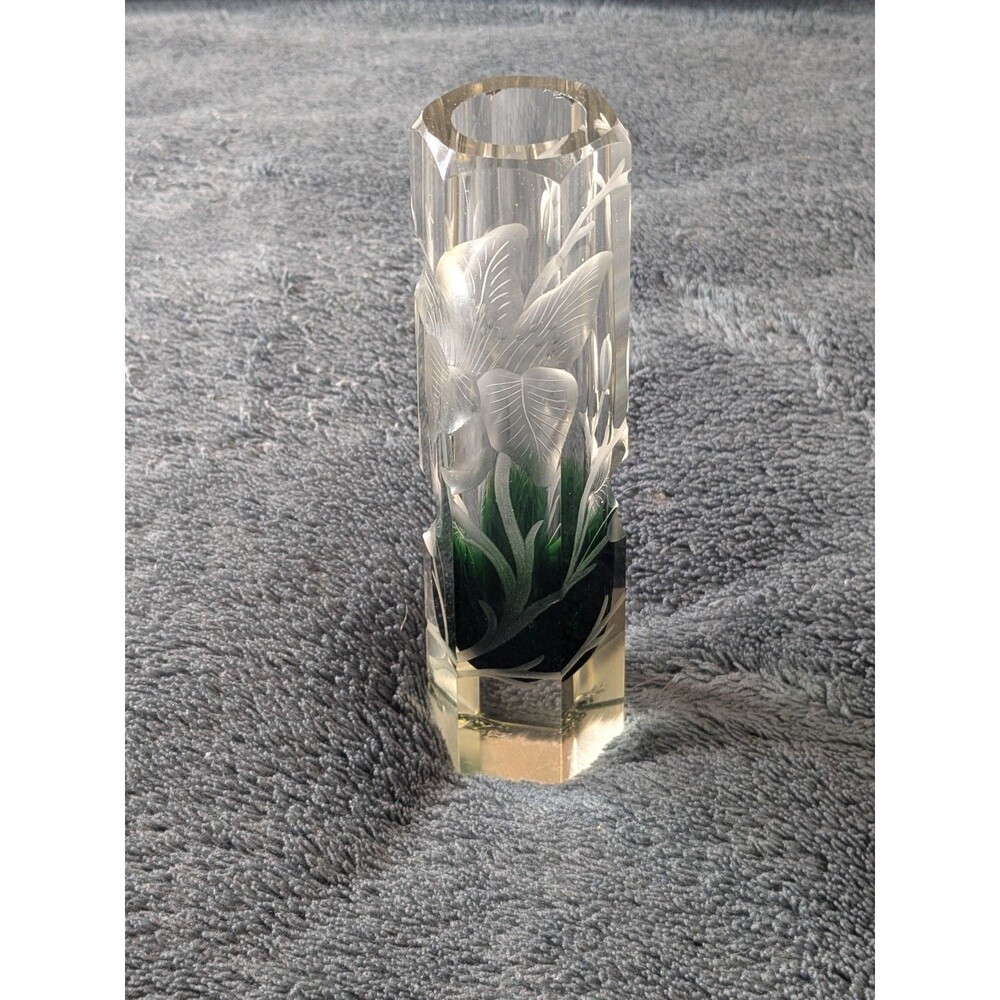 ATQ VTG Moser Karlsbad Green Fade Cut Glass Bud Vase Faceted 6"
